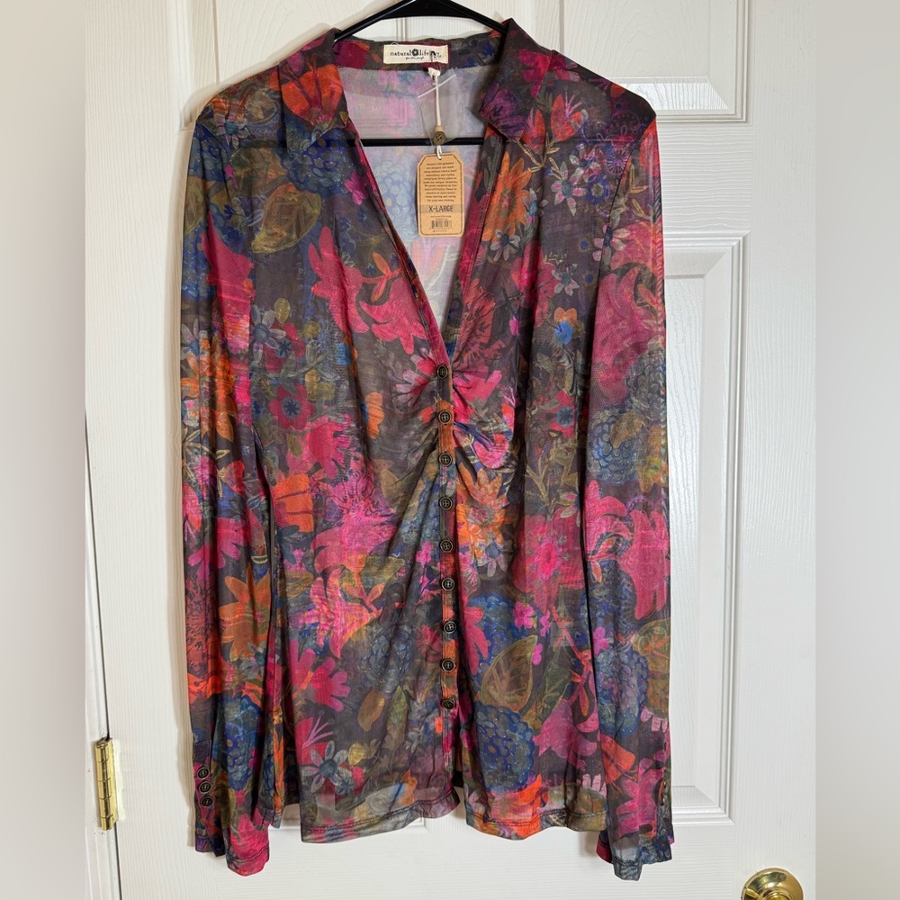 Catherine Malandrino Pink Multi Floral Ruched Button-Front Top